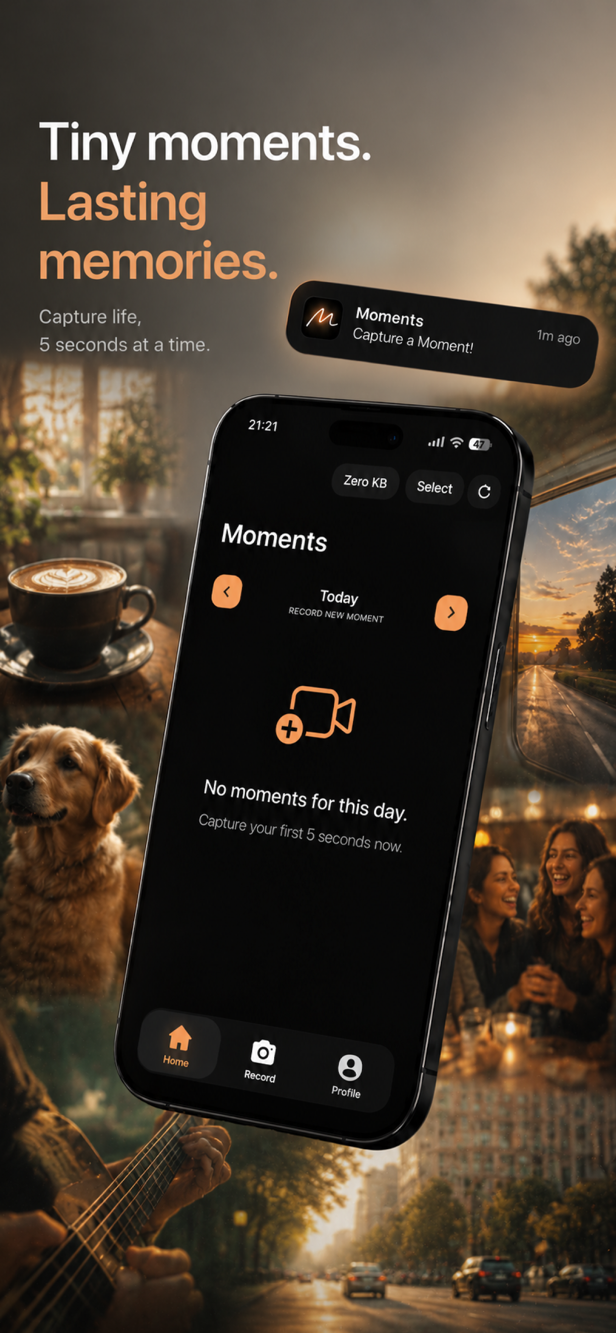 Moments App Store preview showing tiny moments turning into lasting memories.