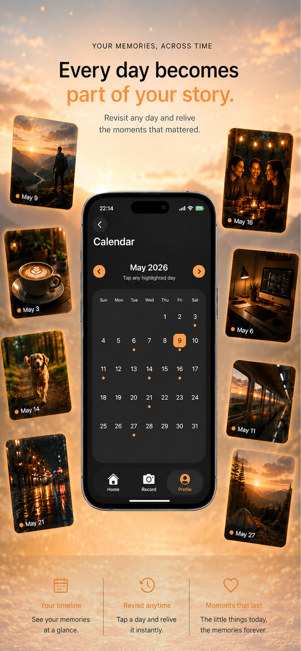 Moments calendar view showing memories across different days.