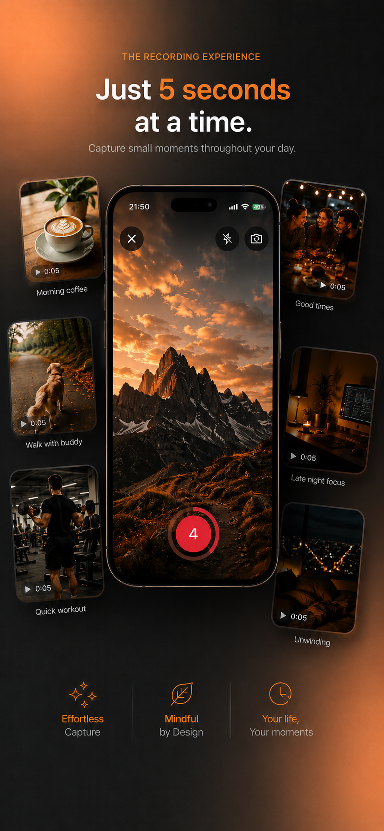 Moments recording screen with a five-second capture experience.
