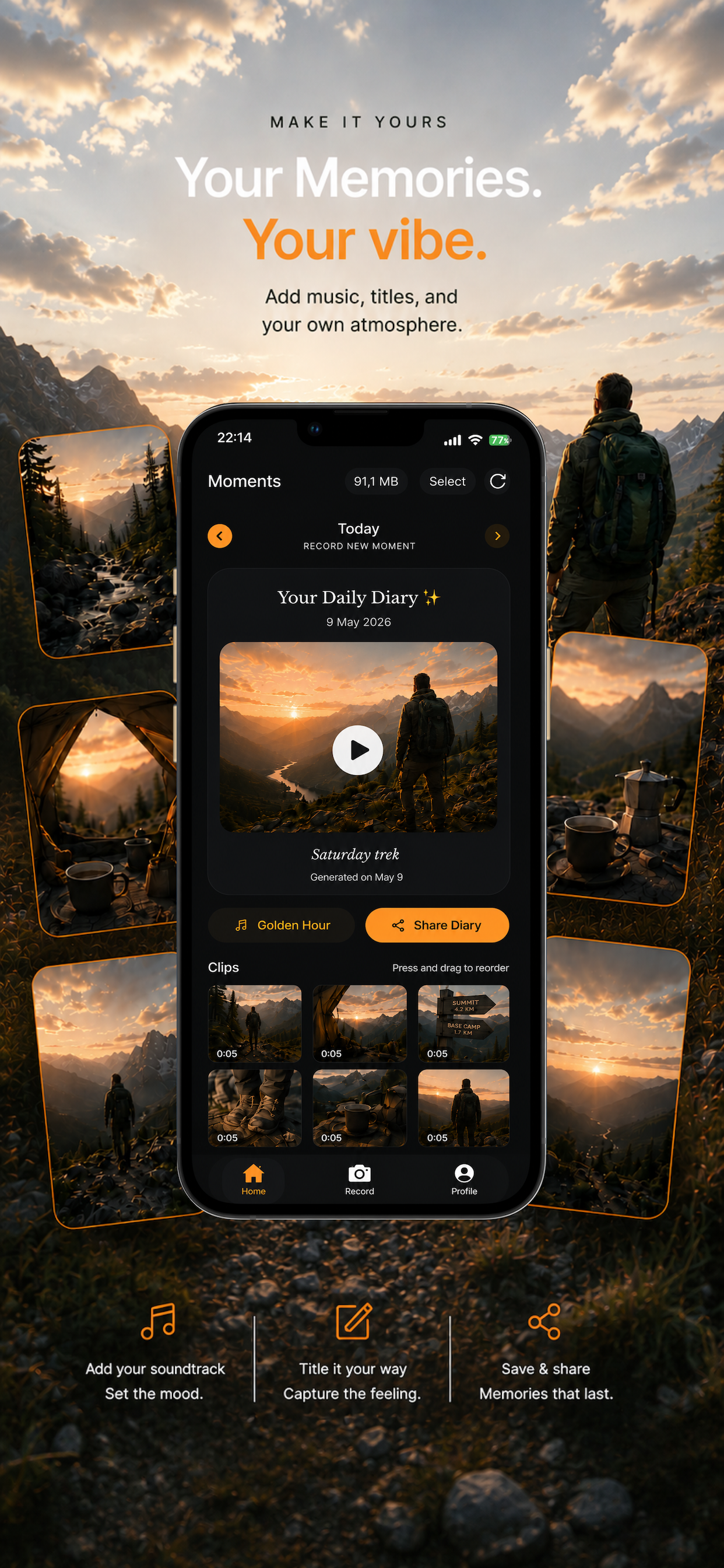 Moments diary screen showing music, titles, and sharing options.